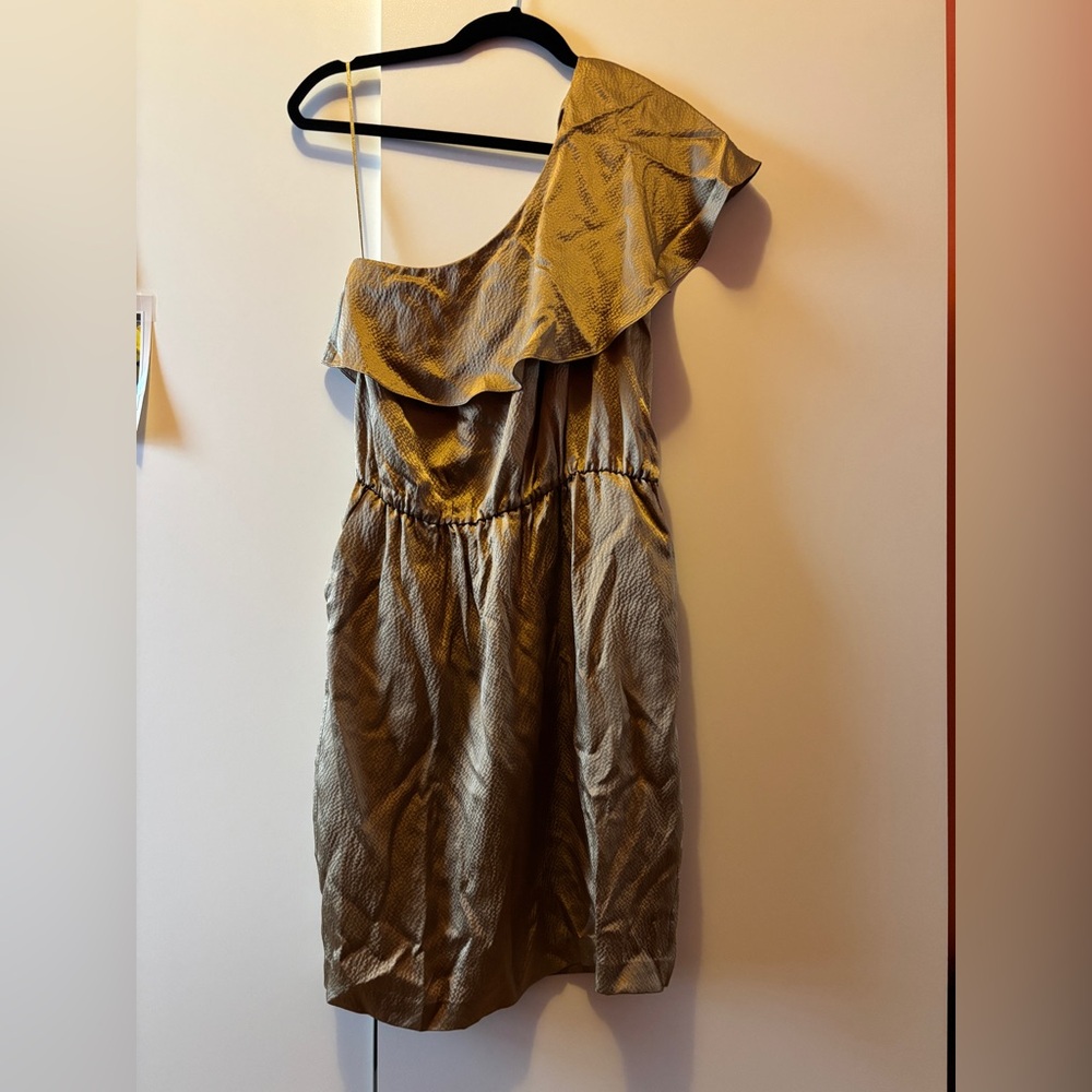 Halston Heritage Gold Asymmetrical Ruffled Cocktail Dress